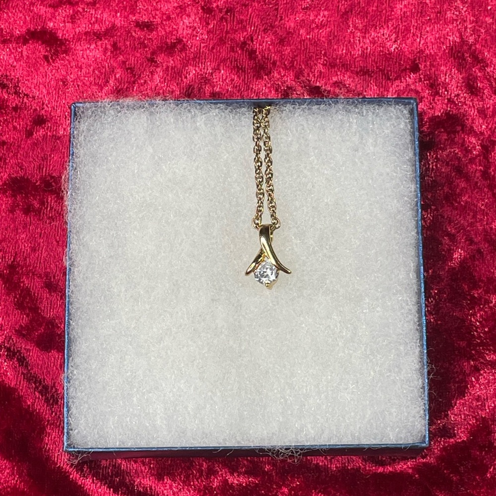 Vintage Korea 18” Wishbone Gold Tone Necklace with Sparkling Rhinestone Pendant